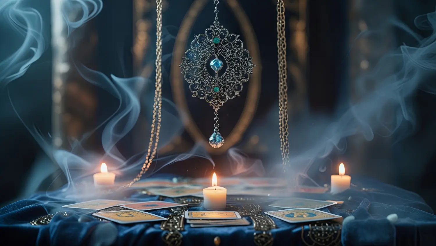 Melalli - Melanie Diewald - spirituelle Lebensberatung - Beratung durch Tarotkarten und Channeling - Ein Pendel schwingt über einem mystischen Altar, umgeben von verschwommenen Tarotkarten und aufsteigendem Rauch – eine Szene der Kartenlegung und spirituellen Weissagung in einer ätherischen Atmosphäre.