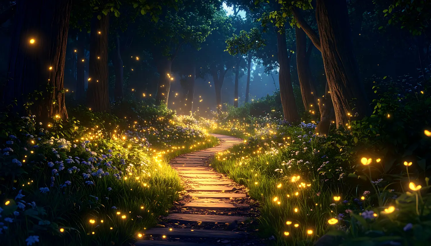 Melalli - Melanie Diewald - spirituelle Lebensberatung - Beratung durch Tarotkarten und Channeling - Ein gewundener Steinpfad führt nachts durch einen mystischen Wald, erleuchtet von Glühwürmchen und sanftem Licht.