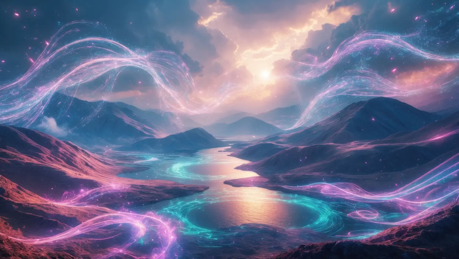 Melalli - Melanie Diewald - spirituelle Lebensberatung - Beratung durch Tarotkarten und Channeling - Eine futuristische Landschaft mit leuchtenden Energielinien über Bergen und Gewässern, die eine surreale und mystische Szene erzeugen.