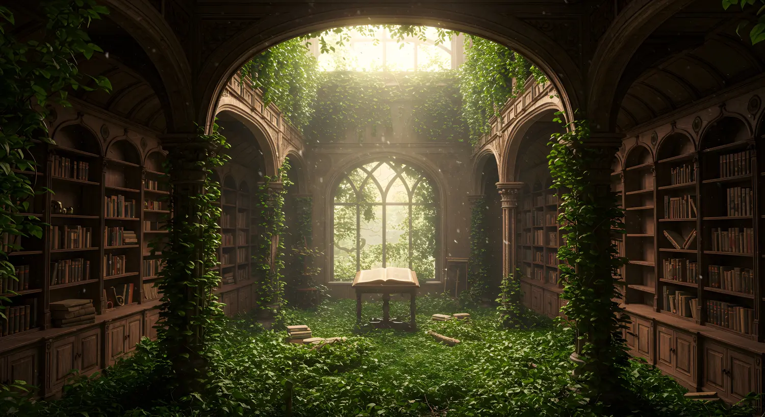 Melalli - Melanie Diewald - spirituelle Lebensberatung - Beratung durch Tarotkarten und Channeling - Eine verwilderte Bibliothek, getaucht in ätherisches Sonnenlicht und mit einer mystischen Atmosphäre