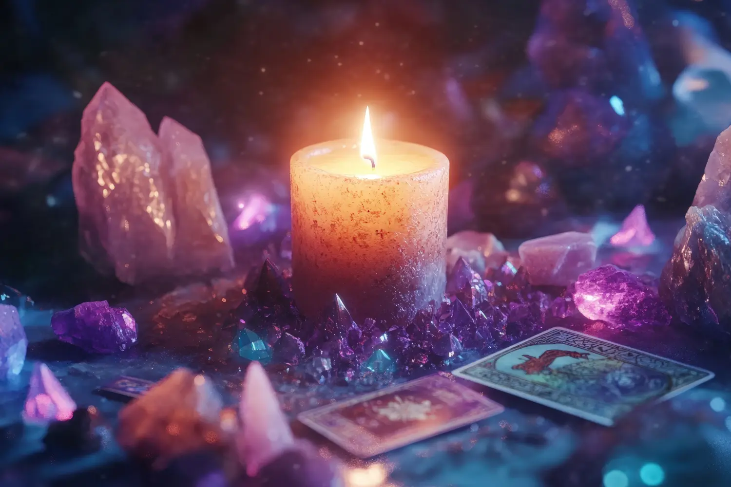 Melalli - Melanie Diewald - spirituelle Lebensberatung - Beratung durch Tarotkarten und Channeling - Eine kreative Darstellung einer Kerze, umgeben von Kristallen, Tarotkarten und einem mystischen Arrangement