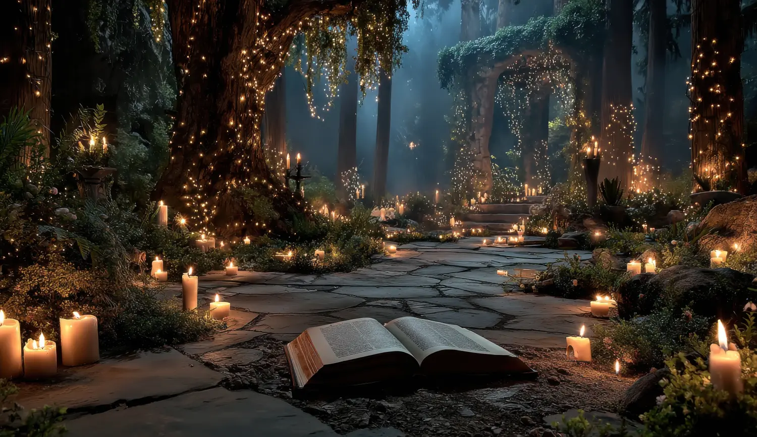 Melalli - Melanie Diewald - spirituelle Lebensberatung - Beratung durch Tarotkarten und Channeling - Betreten Sie einen magischen, von Kerzenlicht erhellten Wald, wo in einer verzauberten, mystischen Umgebung ein offenes Buch auf Ihre Geschichte wartet.