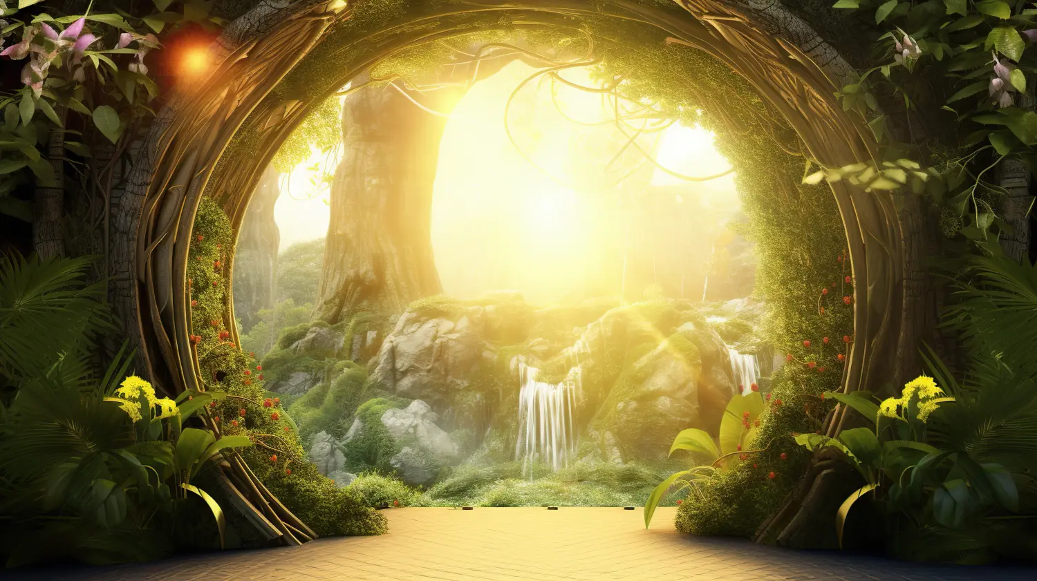 Melalli - Melanie Diewald - spirituelle Lebensberatung - Beratung durch Tarotkarten und Channeling - Portal zum Zauberwald, das sich zu einer sonnenverwöhnten Landschaft mit Wasserfall öffnet.